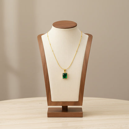 Rectangle Green Stone Pendant Necklace Stainless Steel 18K Gold Plated