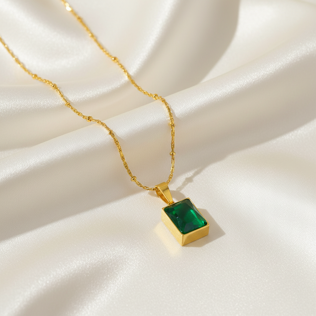 Rectangle Green Stone Pendant Necklace Stainless Steel 18K Gold Plated