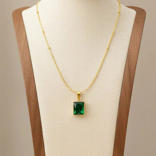 Rectangle Green Stone Pendant Necklace Stainless Steel 18K Gold Plated