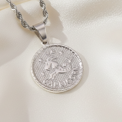 Zodiac Coin Pendant Necklace Silver Tone Stainless Steel Rope Chain Constellation