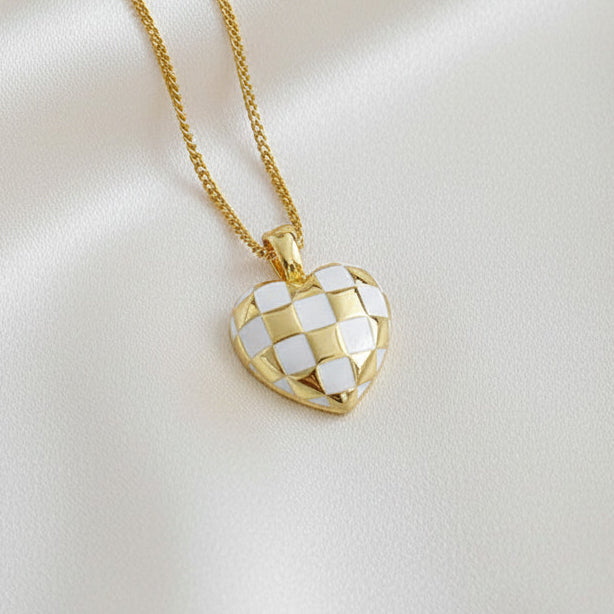 925 Sterling Silver Checkerboard Enamel Heart Pendant Necklace