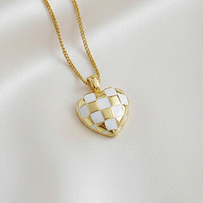 925 Sterling Silver Checkerboard Enamel Heart Pendant Necklace
