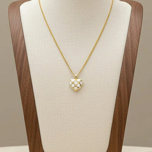 925 Sterling Silver Checkerboard Enamel Heart Pendant Necklace