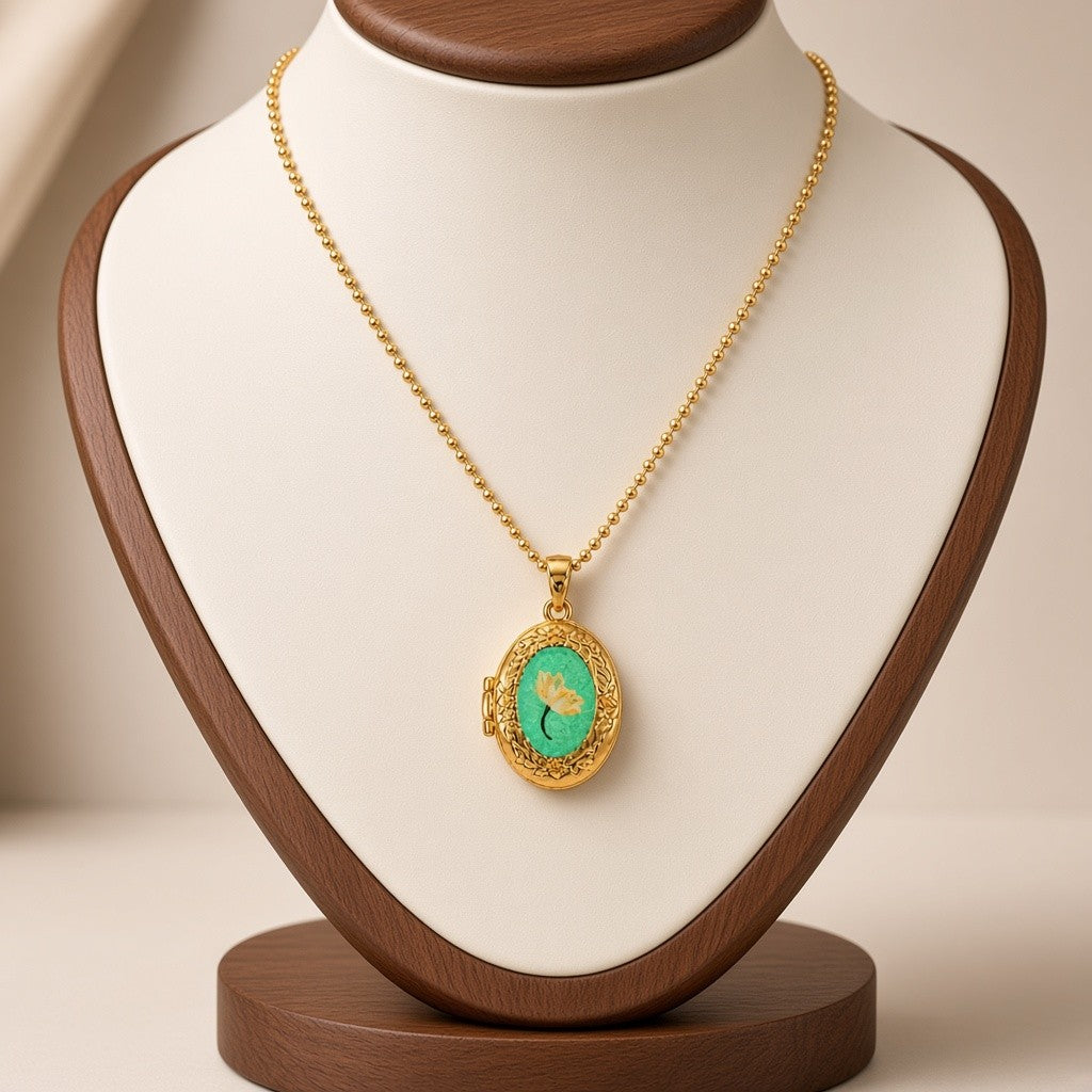 Pressed Flower Locket Pendant Necklace Gold Tone Copper - Framed Pink Flower Oval