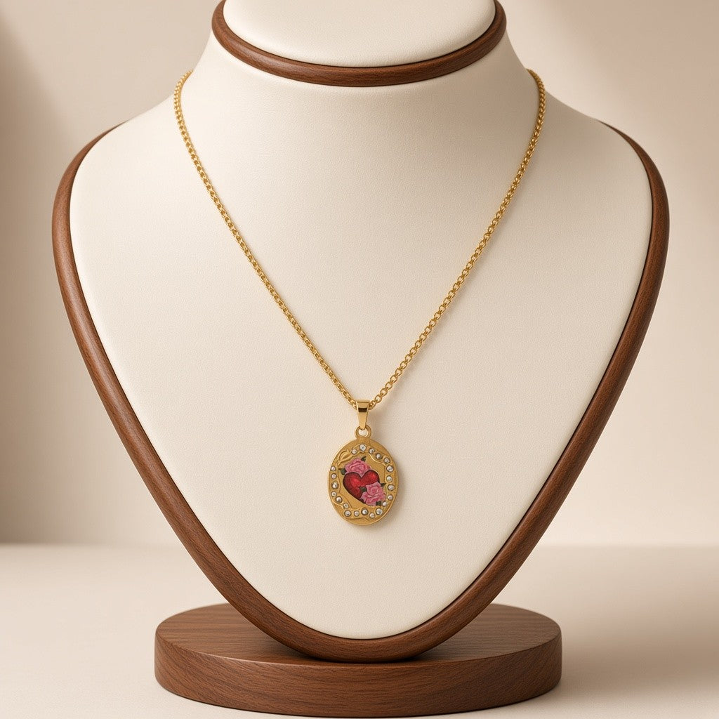 Pressed Flower Locket Pendant Necklace Gold Tone Copper - Oval Red Flower