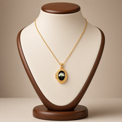 Pressed Flower Locket Pendant Necklace Gold Tone Copper - Framed White Flower Oval