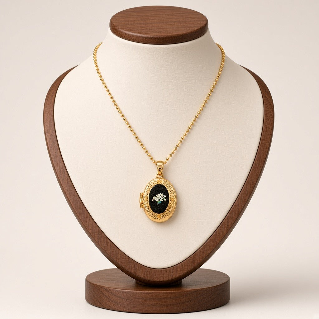 Pressed Flower Locket Pendant Necklace Gold Tone Copper - Framed Mixed Bouquet Oval
