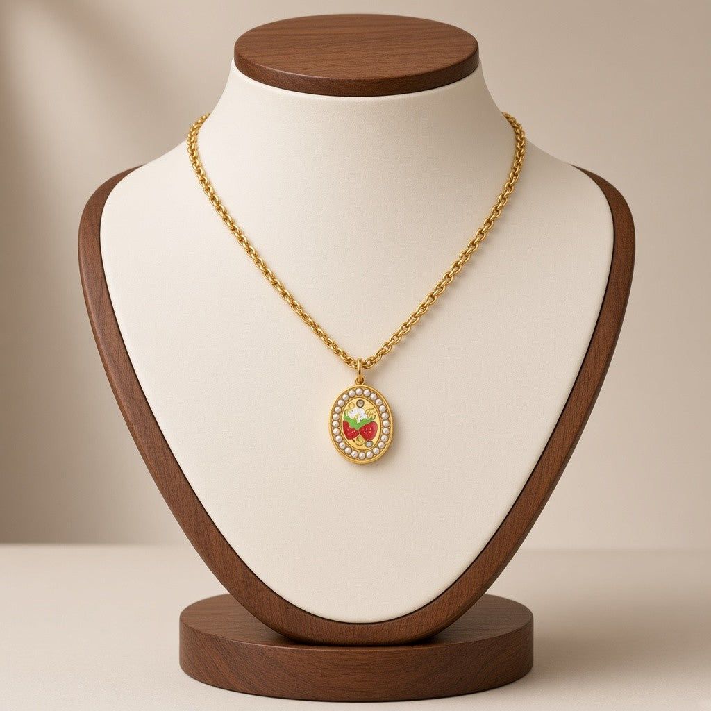 Enamel Painted Charm Pendant Necklace 18K Gold Plated Stainless Steel - Strawberry