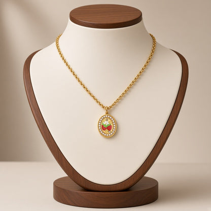 Enamel Painted Charm Pendant Necklace 18K Gold Plated Stainless Steel - Strawberry