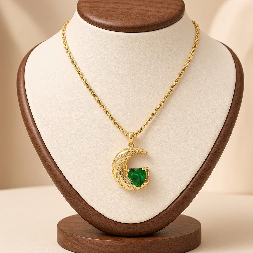 Crescent Moon Heart Crystal Pendant Necklace Gold Plated Copper Rope Chain - Emerald Green Crystal