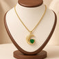 Crescent Moon Heart Crystal Pendant Necklace Gold Plated Copper Rope Chain - Emerald Green Crystal