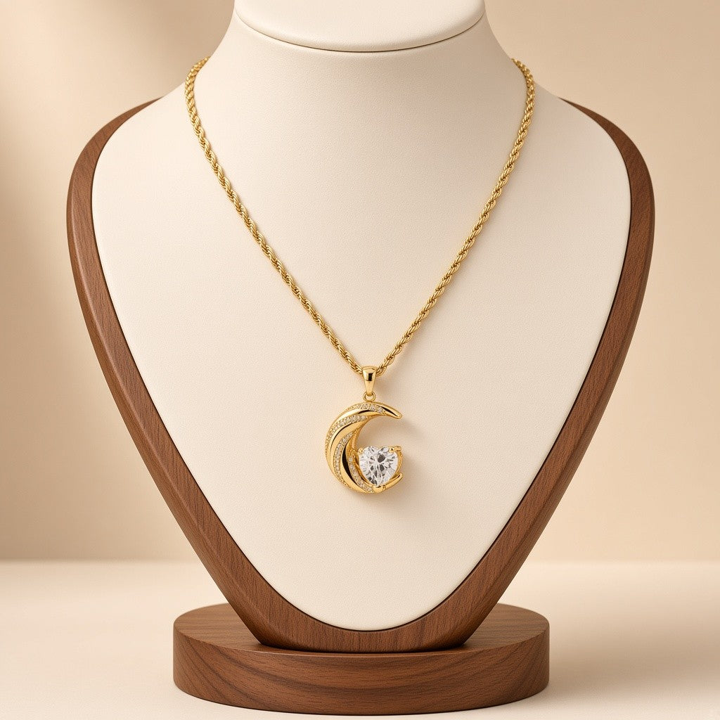 Crescent Moon Heart Crystal Pendant Necklace Gold Plated Copper Rope Chain - White Crystal