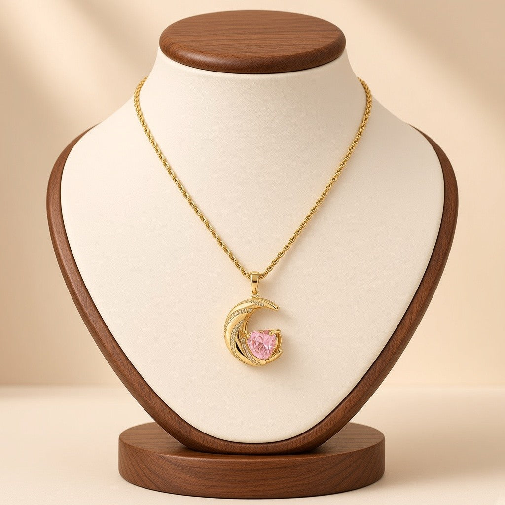 Crescent Moon Heart Crystal Pendant Necklace Gold Plated Copper Rope Chain - Pink Crystal