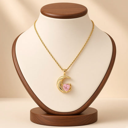 Crescent Moon Heart Crystal Pendant Necklace Gold Plated Copper Rope Chain - Pink Crystal
