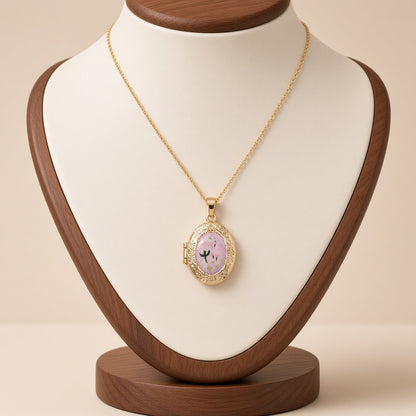Pressed Flower Locket Pendant Necklace Gold Tone Copper - Oval Light Pink