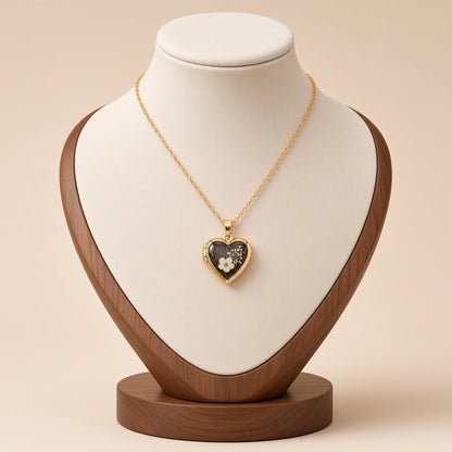 Pressed Flower Locket Pendant Necklace Gold Tone Copper - Heart White Flower