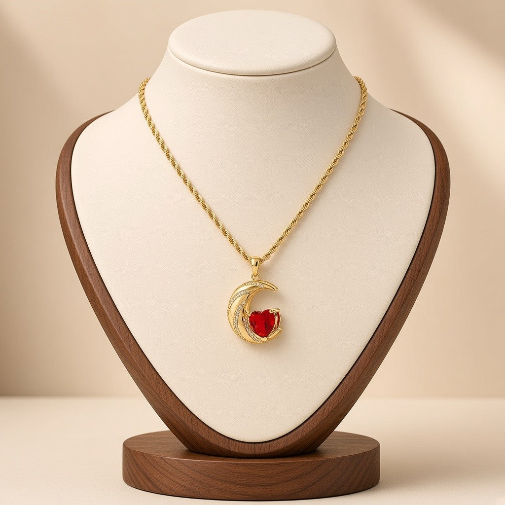 Crescent Moon Heart Crystal Pendant Necklace Gold Plated Copper Rope Chain - Red Crystal