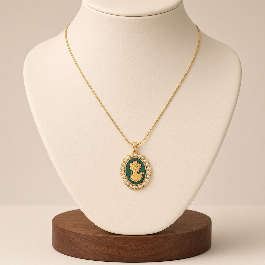 Cameo Portrait Faux Pearl Pendant Necklace 18K Gold Plated Stainless Steel - Blue Green