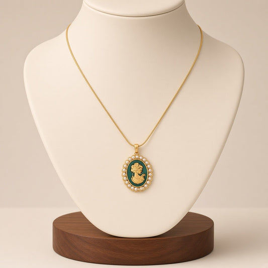 Cameo Portrait Faux Pearl Pendant Necklace 18K Gold Plated Stainless Steel - Blue Green