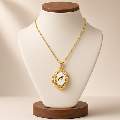 Enamel Painted Charm Pendant Necklace 18K Gold Plated Stainless Steel - Heart Rose Flower
