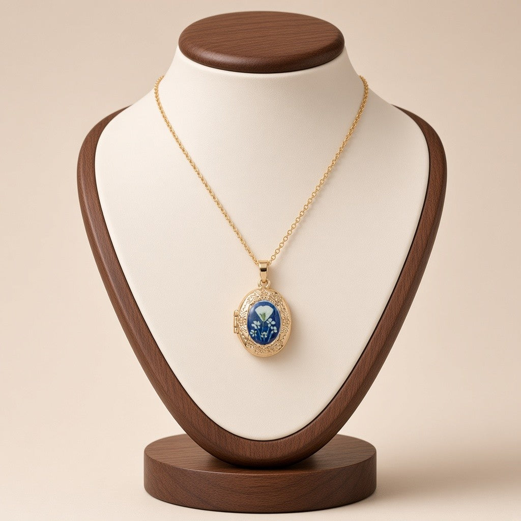 Pressed Flower Locket Pendant Necklace Gold Tone Copper - Oval Blue Flower