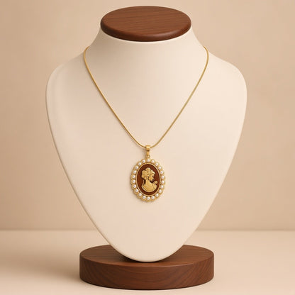 Cameo Portrait Faux Pearl Pendant Necklace 18K Gold Plated Stainless Steel - Coffee