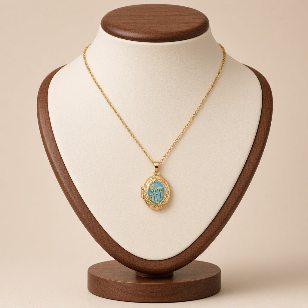 Pressed Flower Locket Pendant Necklace Gold Tone Copper - Oval Gray