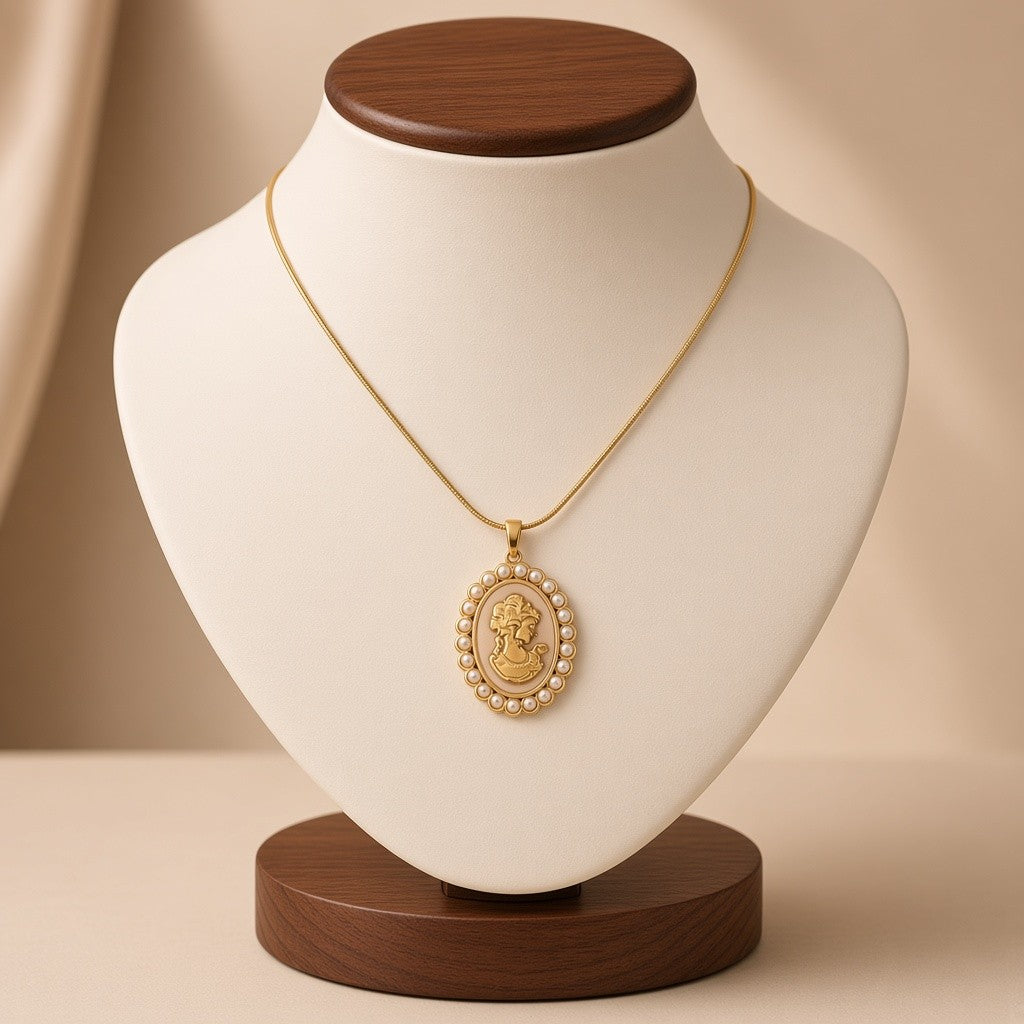 Cameo Portrait Faux Pearl Pendant Necklace 18K Gold Plated Stainless Steel - White