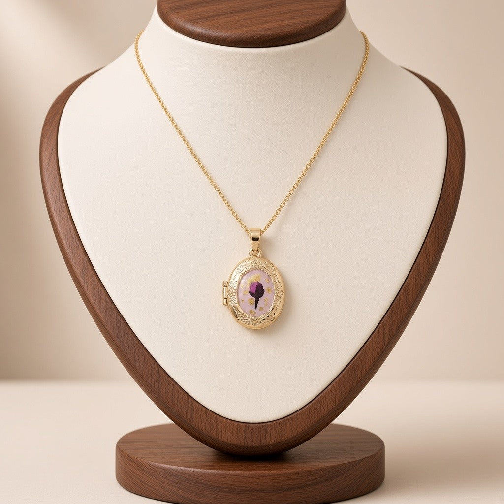 Pressed Flower Locket Pendant Necklace Gold Tone Copper - Framed Purple Flower Oval