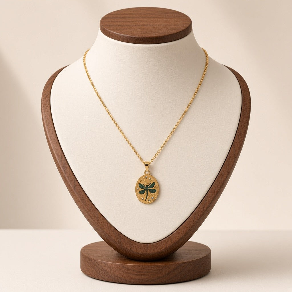 Enamel Painted Charm Pendant Necklace 18K Gold Plated Stainless Steel - Dragonfly