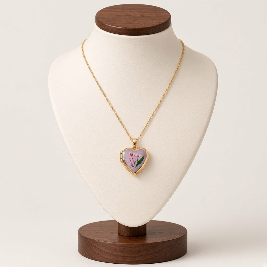 Pressed Flower Locket Pendant Necklace Gold Tone Copper - Heart Pink Flower