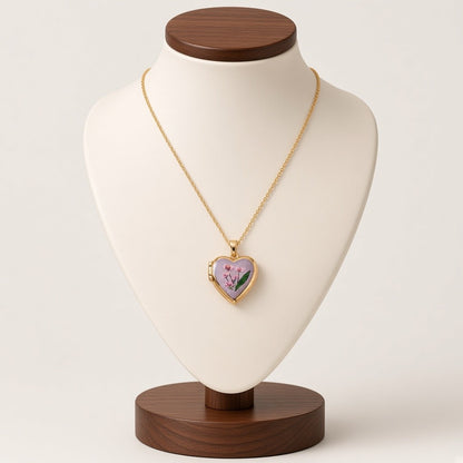 Pressed Flower Locket Pendant Necklace Gold Tone Copper - Heart Pink Flower
