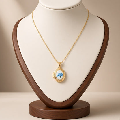 Pressed Flower Locket Pendant Necklace Gold Tone Copper - Framed Blue Flower Oval