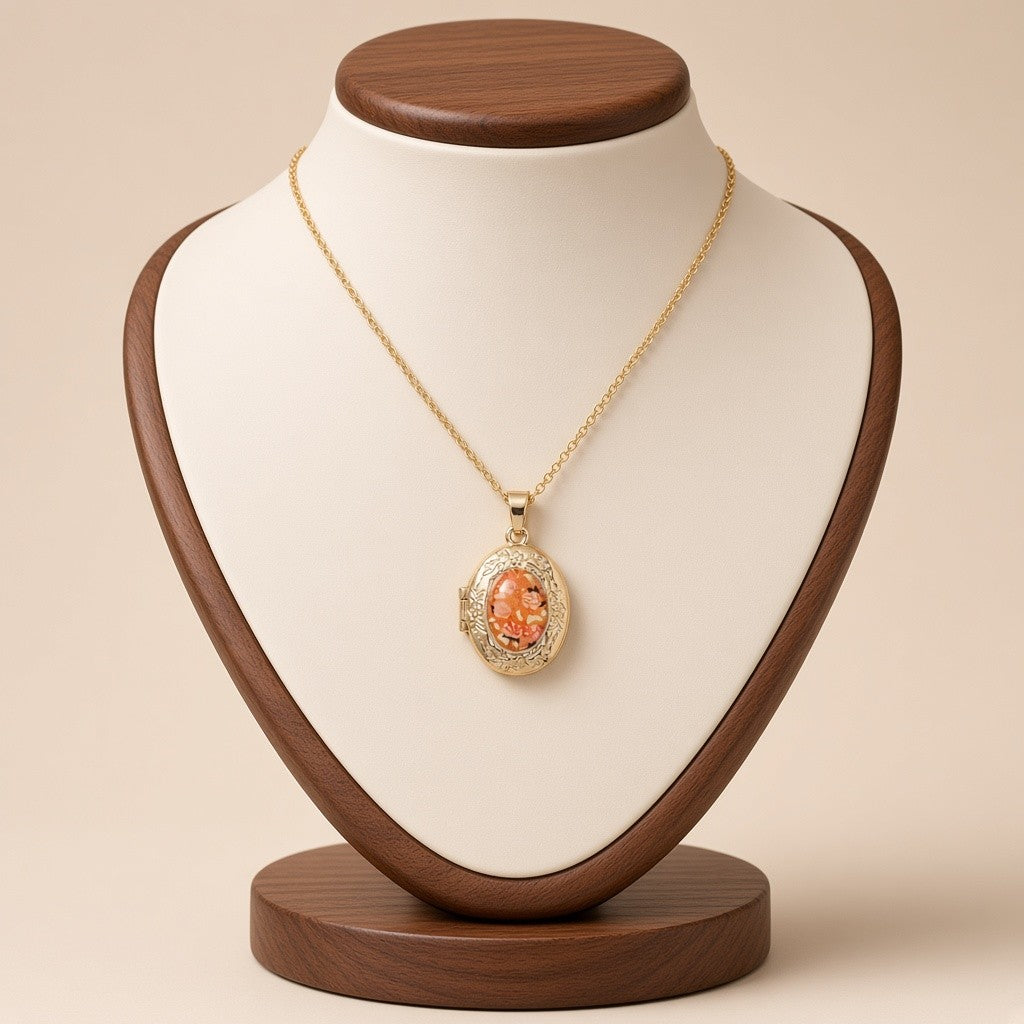 Pressed Flower Locket Pendant Necklace Gold Tone Copper - Oval Orange Flower