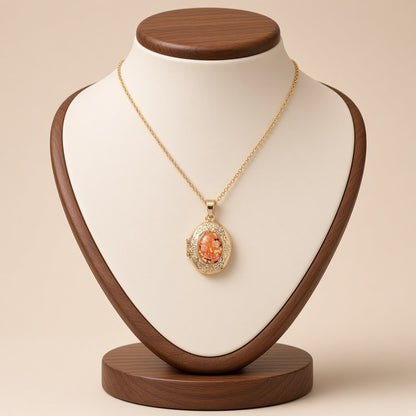Pressed Flower Locket Pendant Necklace Gold Tone Copper - Oval Orange Flower