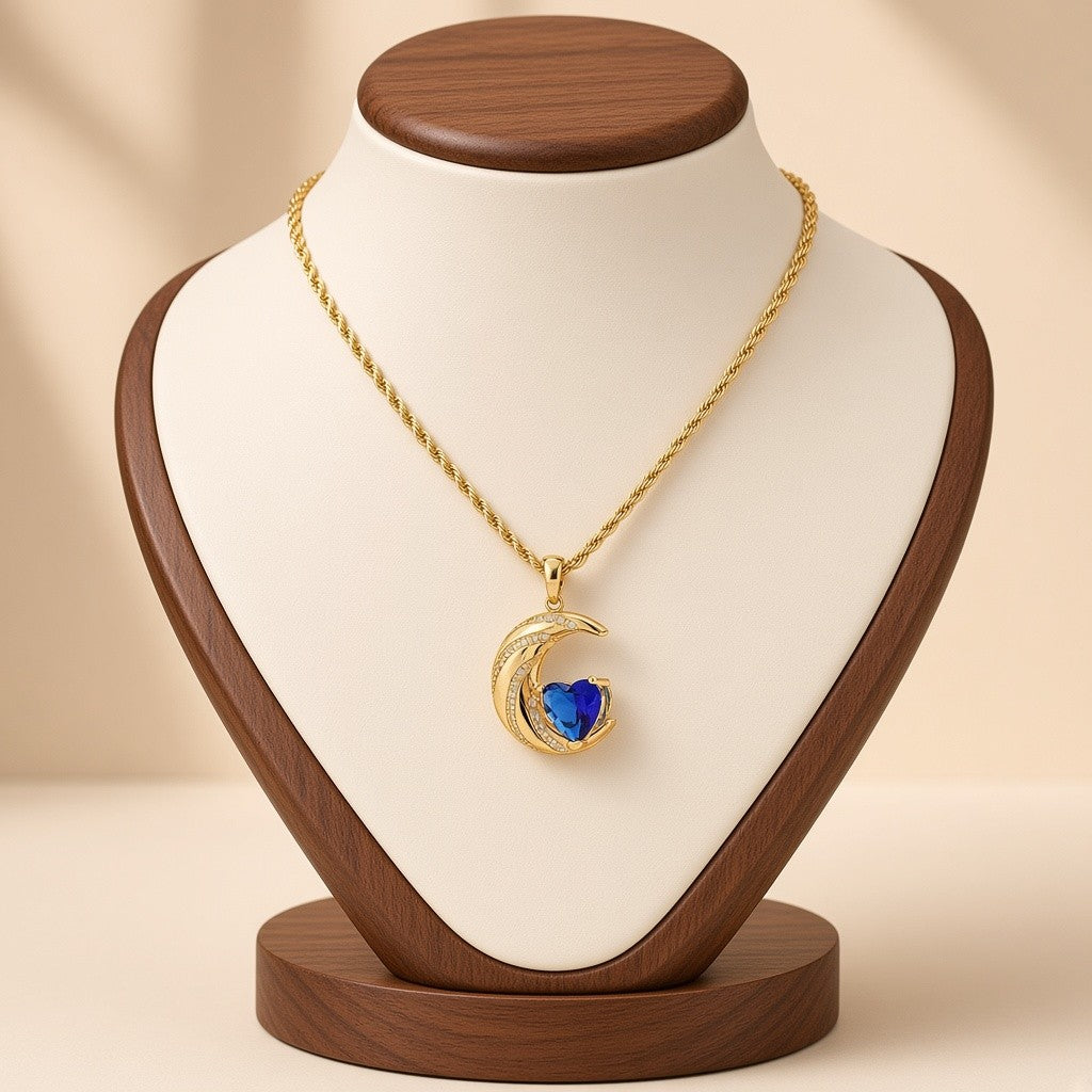 Crescent Moon Heart Crystal Pendant Necklace Gold Plated Copper Rope Chain - Royal Blue Crystal