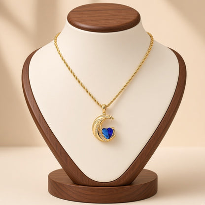 Crescent Moon Heart Crystal Pendant Necklace Gold Plated Copper Rope Chain - Royal Blue Crystal