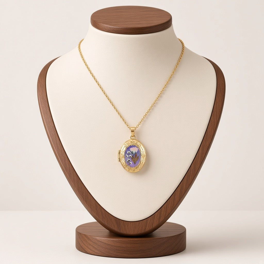 Pressed Flower Locket Pendant Necklace Gold Tone Copper - Oval Pink Flower