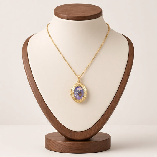 Pressed Flower Locket Pendant Necklace Gold Tone Copper - Oval Pink Flower