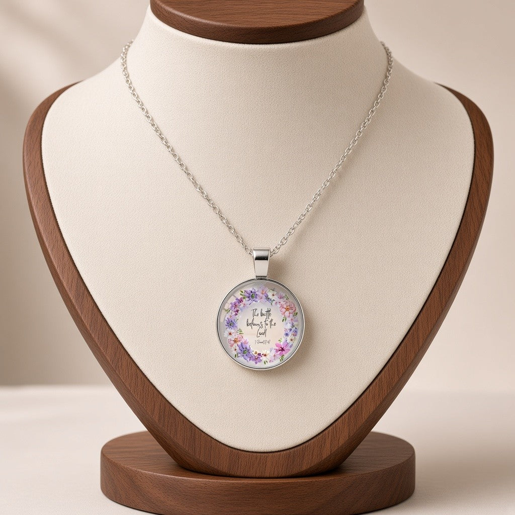 Bible Verse Glass Cabochon Pendant Necklace Floral Wreath Silver Tone - 1 Samuel 17:47