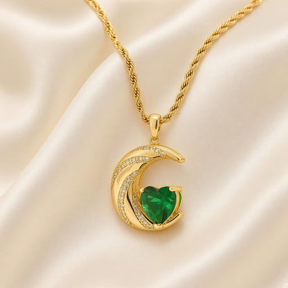Crescent Moon Heart Crystal Pendant Necklace Gold Plated Copper Rope Chain - Emerald Green Crystal close-up