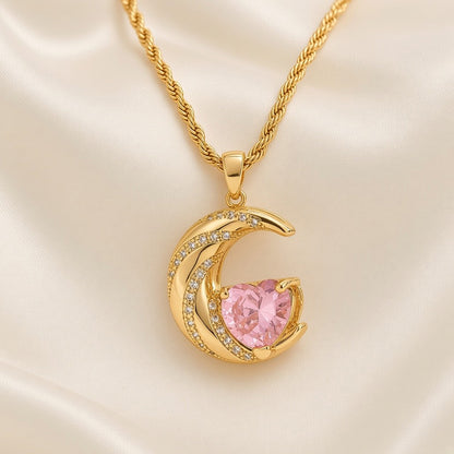 Crescent Moon Heart Crystal Pendant Necklace Gold Plated Copper Rope Chain - Pink Crystal close-up