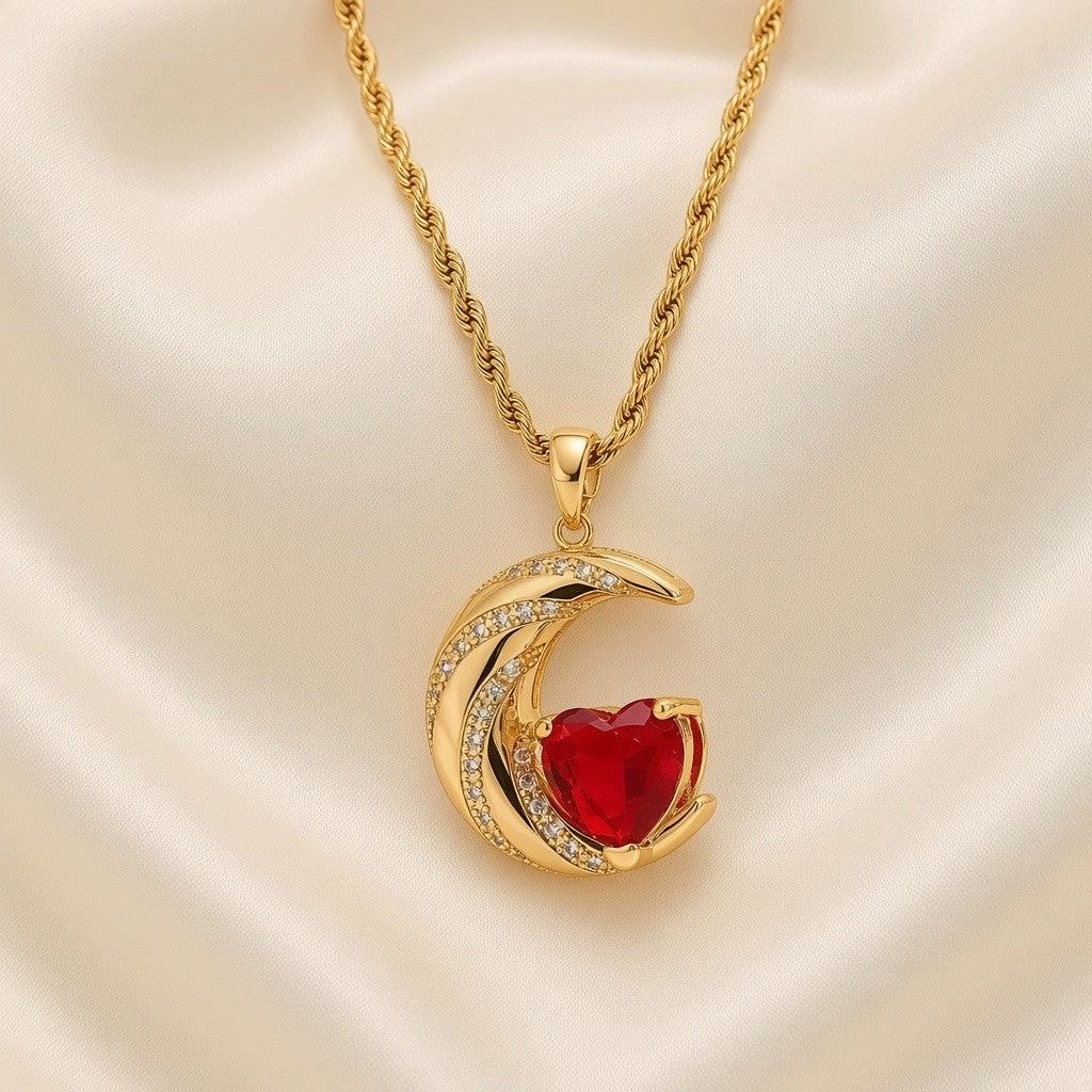 Crescent Moon Heart Crystal Pendant Necklace Gold Plated Copper Rope Chain - Red Crystal close-up
