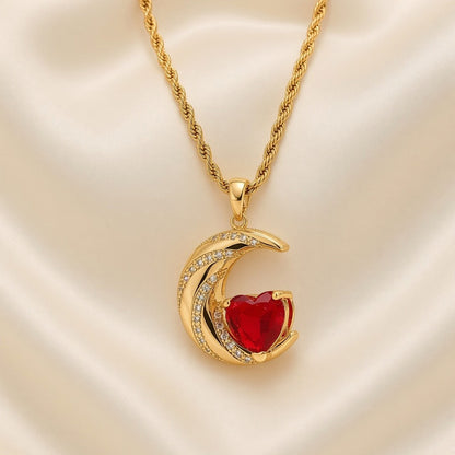 Crescent Moon Heart Crystal Pendant Necklace Gold Plated Copper Rope Chain - Red Crystal close-up