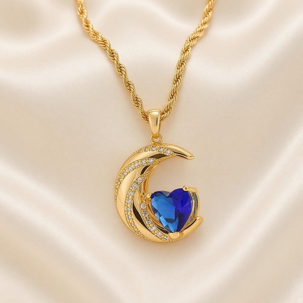 Crescent Moon Heart Crystal Pendant Necklace Gold Plated Copper Rope Chain - Royal Blue Crystal close-up