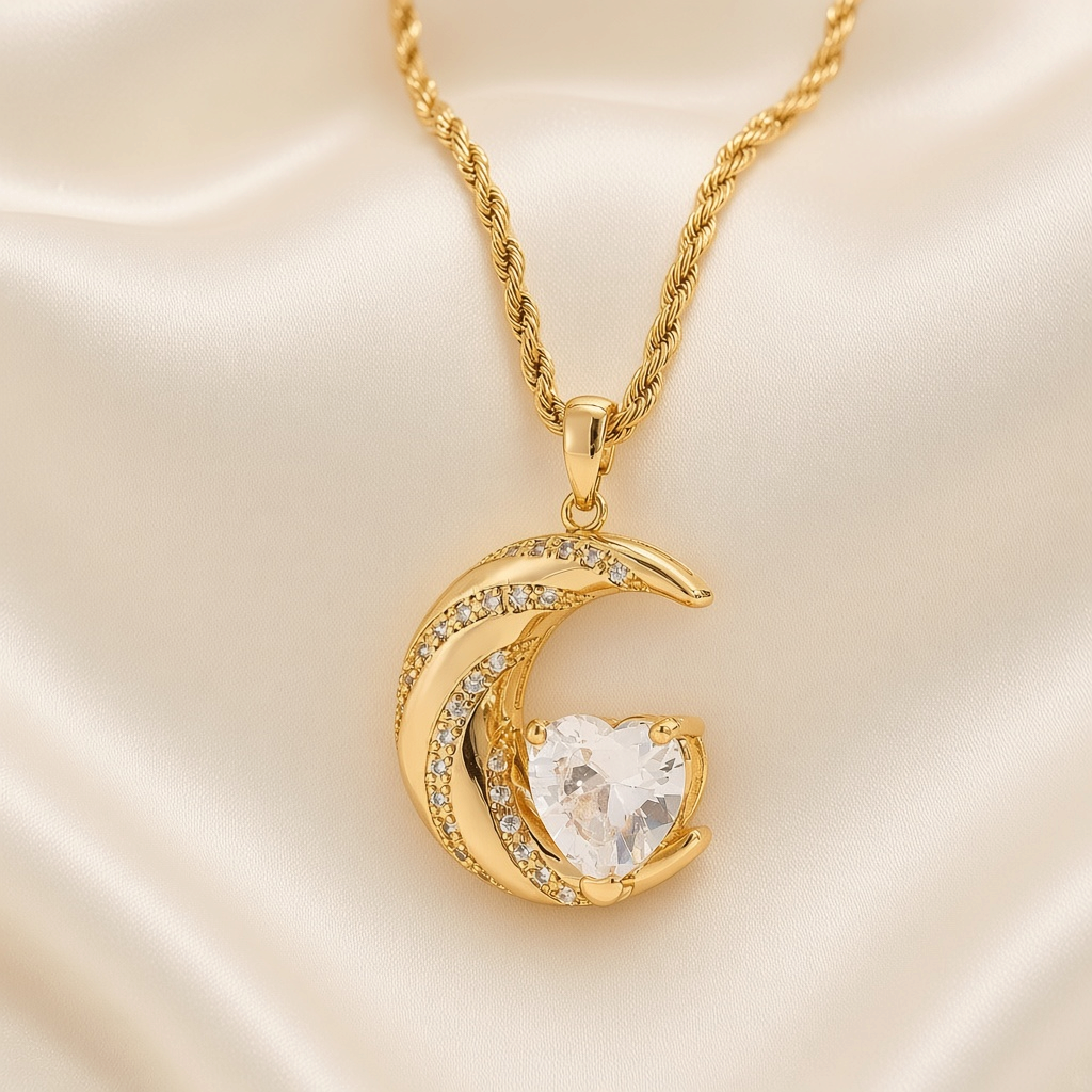 Crescent Moon Heart Crystal Pendant Necklace Gold Plated Copper Rope Chain - White Crystal close-up