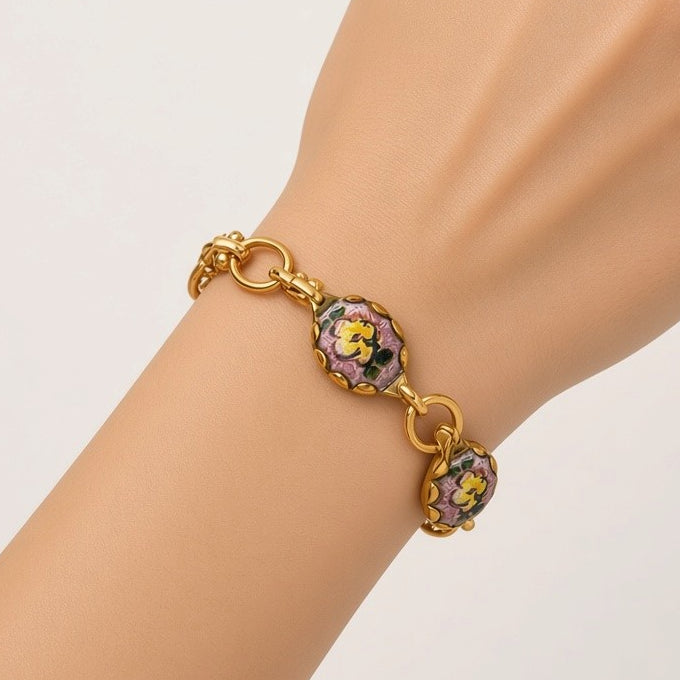 Oil Painting Rose Enamel Charm Bracelet 18K Gold Plated Stainless Steel - Three Flower