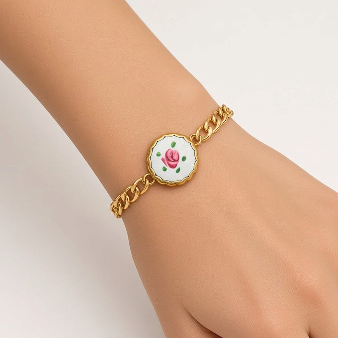 Oil Painting Rose Enamel Charm Bracelet 18K Gold Plated Stainless Steel - White Flower