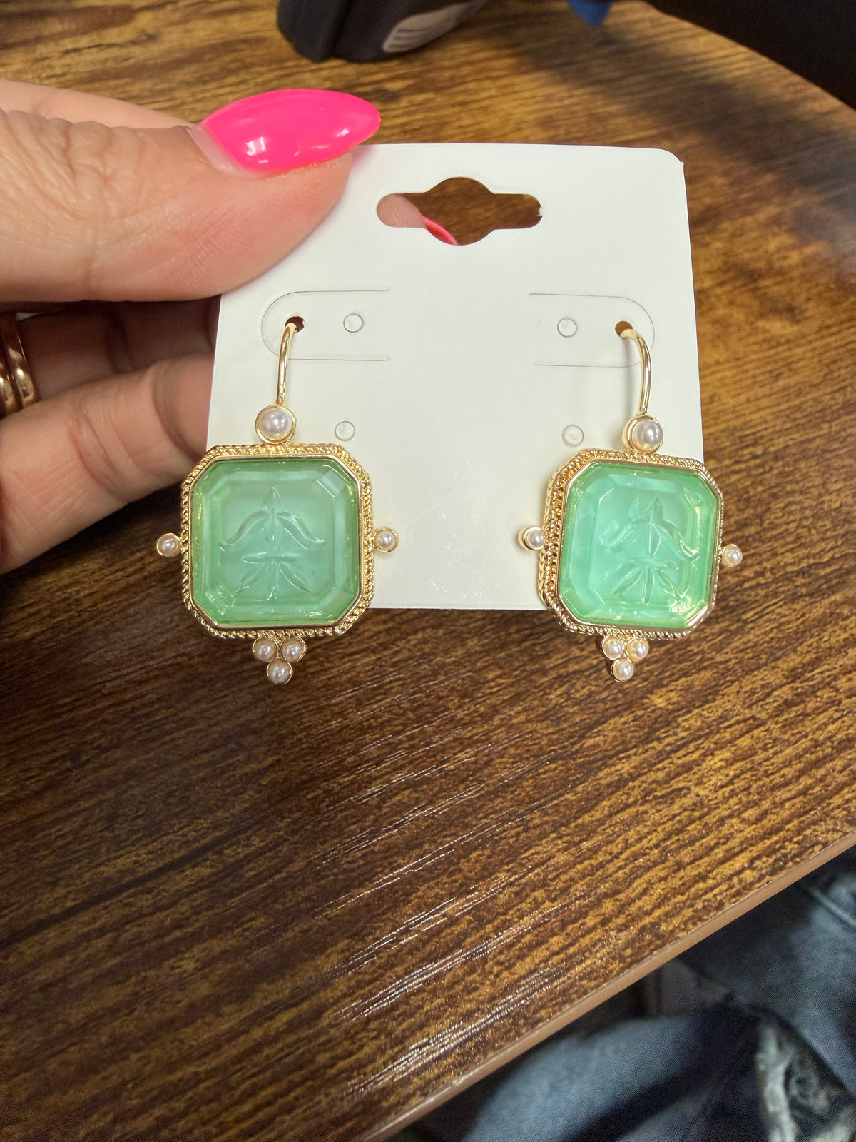 Mint green engraved faux pearl drop earrings gold tone