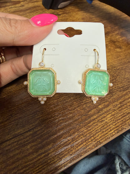 Mint green engraved faux pearl drop earrings gold tone